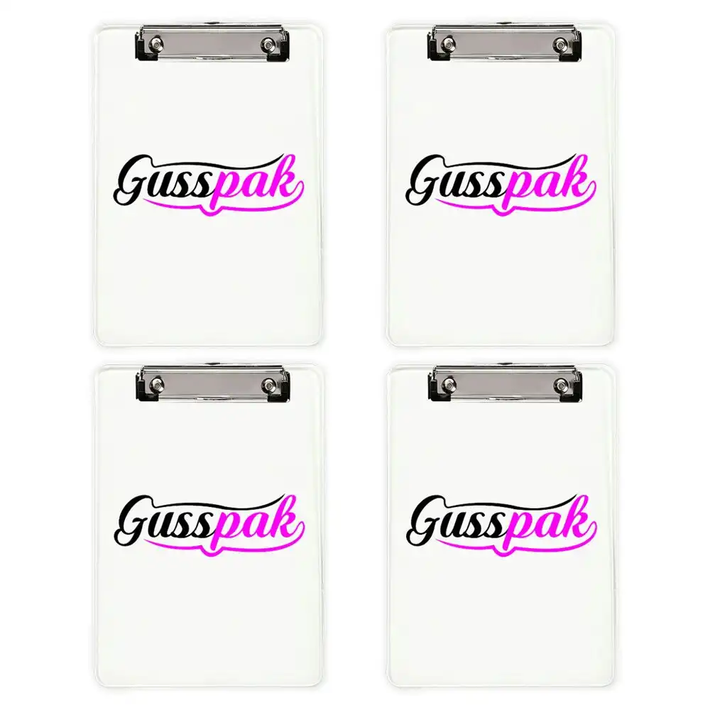 4PK Gusspak Lightweight Durable Plastic Clipboard A4 Paper - Transparent Clear