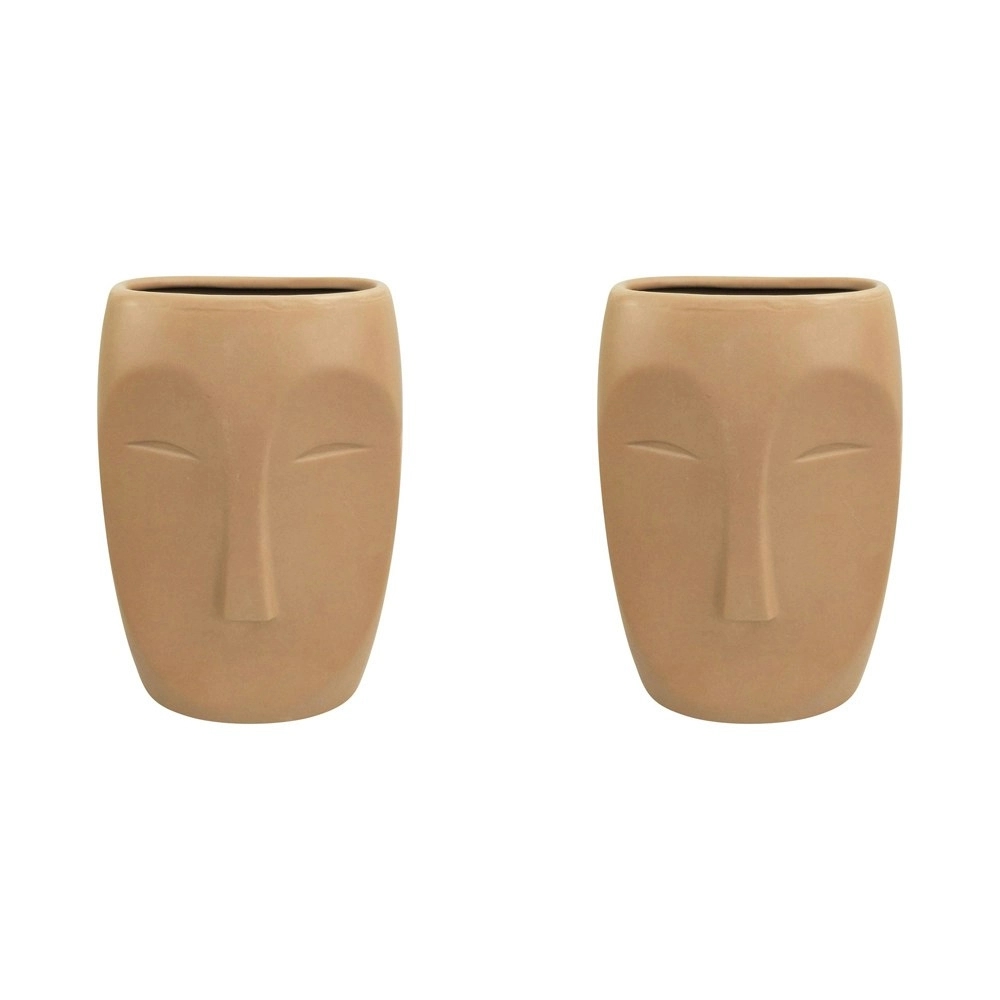 2x Urban Aztec Face 22cm Ceramic Plant/Flower Vase Home Display Pot Large Beige