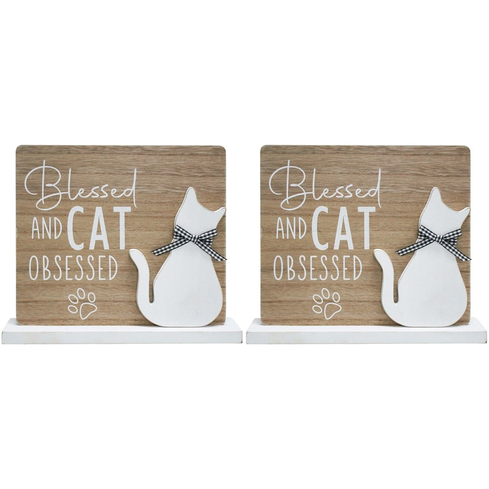 2x LVD 25cm MDF Sign Blessed Cat Home/Room Decorative Plaque Tabletop Display