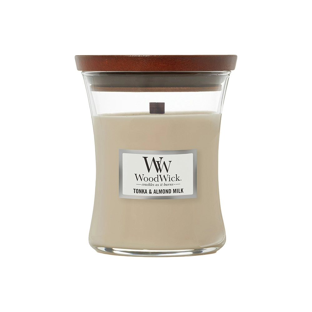 WoodWick Tonka & Almond Milk Scented Crafted Candle Glass Jar Wax w/ Lid Medium