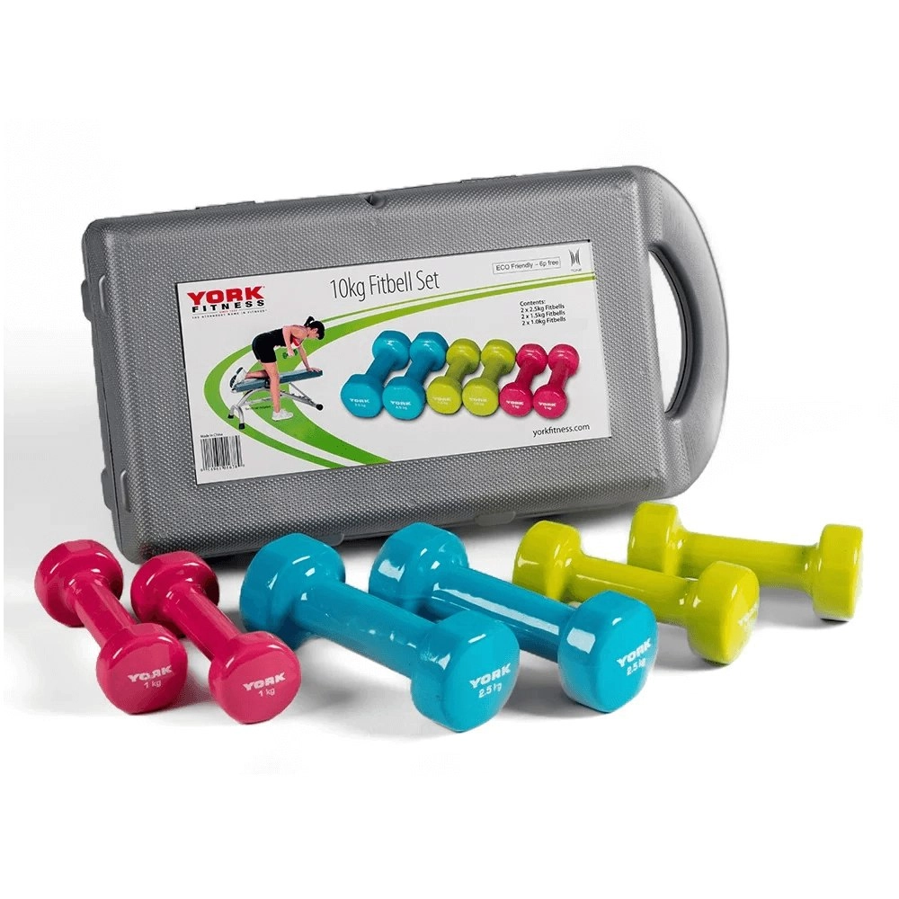 York 10KG PVC Dipped Dumbbell Set in Case