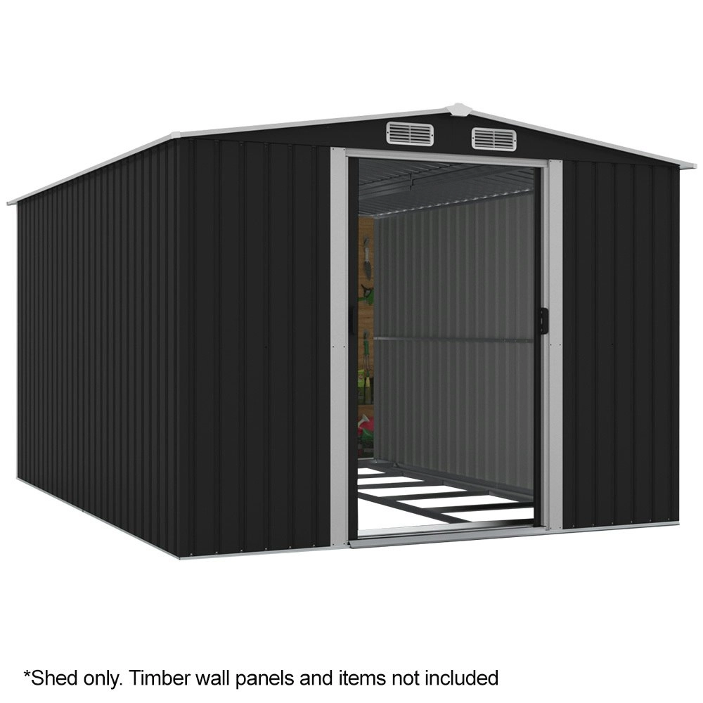 PlantCraft Galvanised Steel Garden Shed 2.58 x 3.13 x 2.02m, with 2 Sliding Doors, 4 Air Vents, Gable Roof, Floor Frame