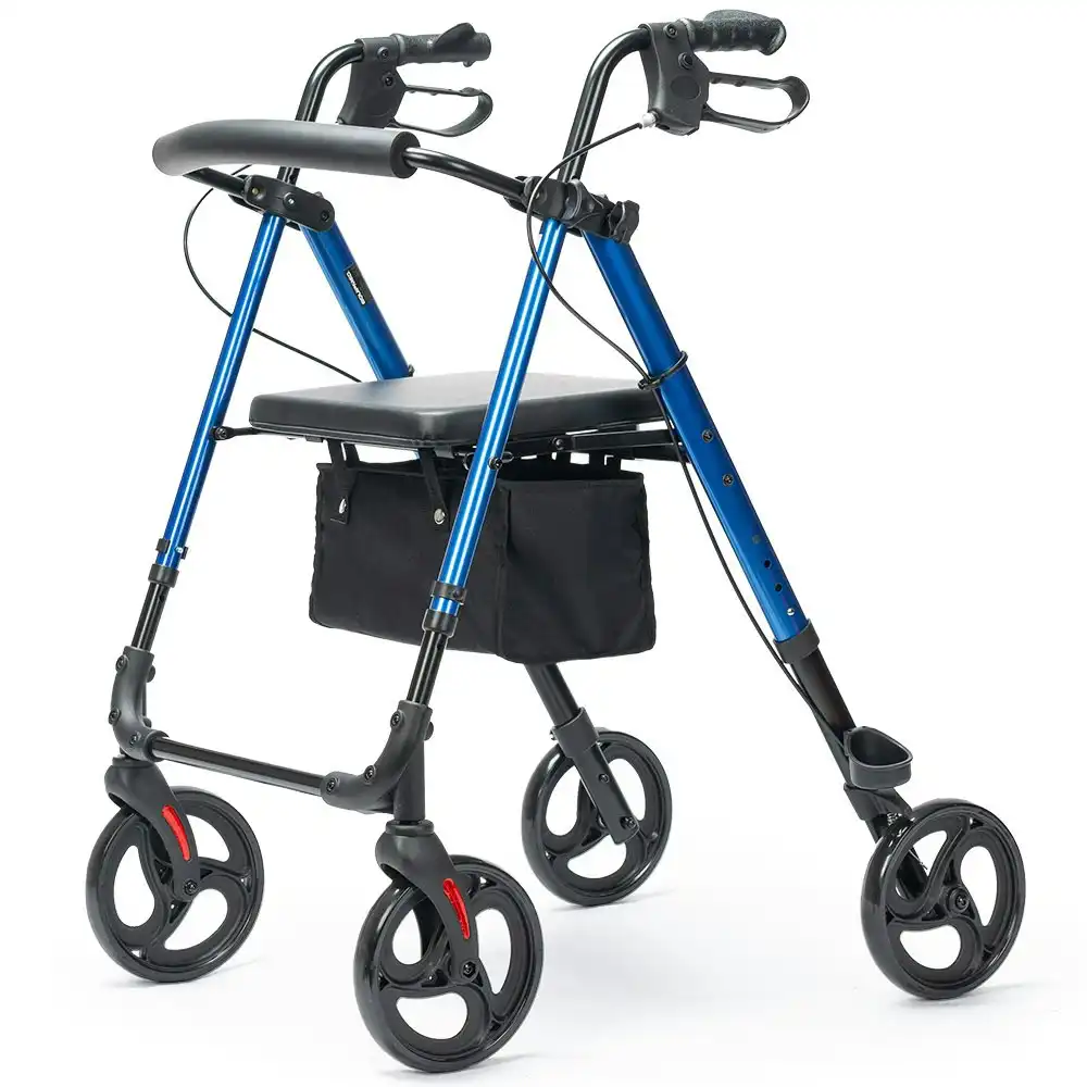 Equipmed 4 Wheel Lightweight Rollator Walker, Aluminium Frame, Seat, Carry Bag, for Seniors, Blue