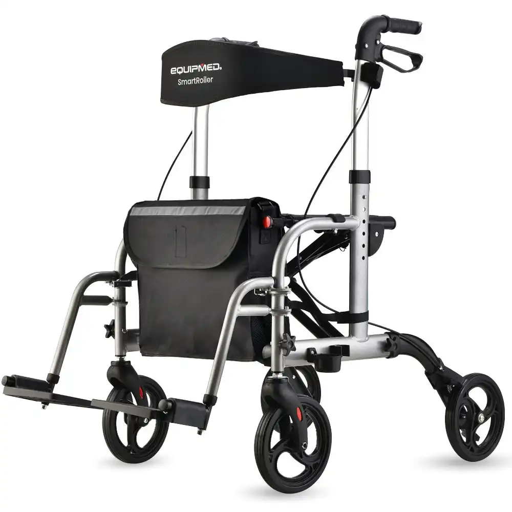Equipmed 2-in-1 Folding Rollator Wheelchair Adjustable Mobility Walker w/ Park Brakes & Bag, Silver