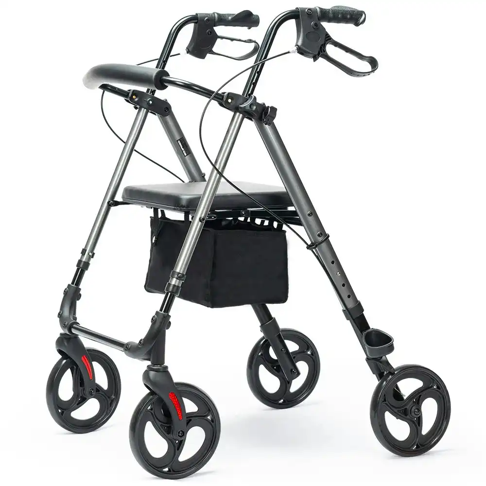 Equipmed 4 Wheel Lightweight Rollator Walker, Aluminium Frame, Seat, Carry Bag, for Seniors, Titanium Style