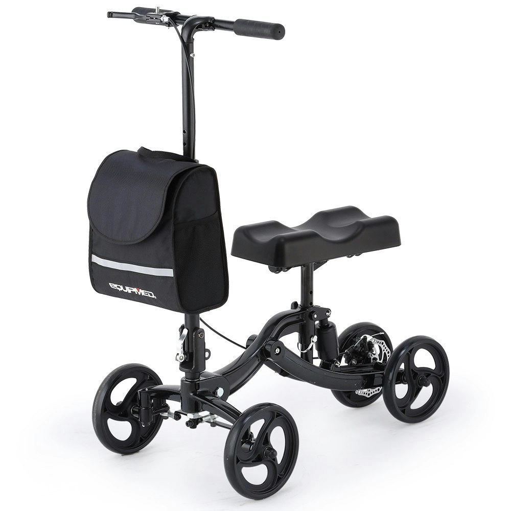 Equipmed Knee Scooter Walker, Disc Brake - Suspension Bag - Broken Leg Ankle Foot Mobility - Crutches Alternative - Black