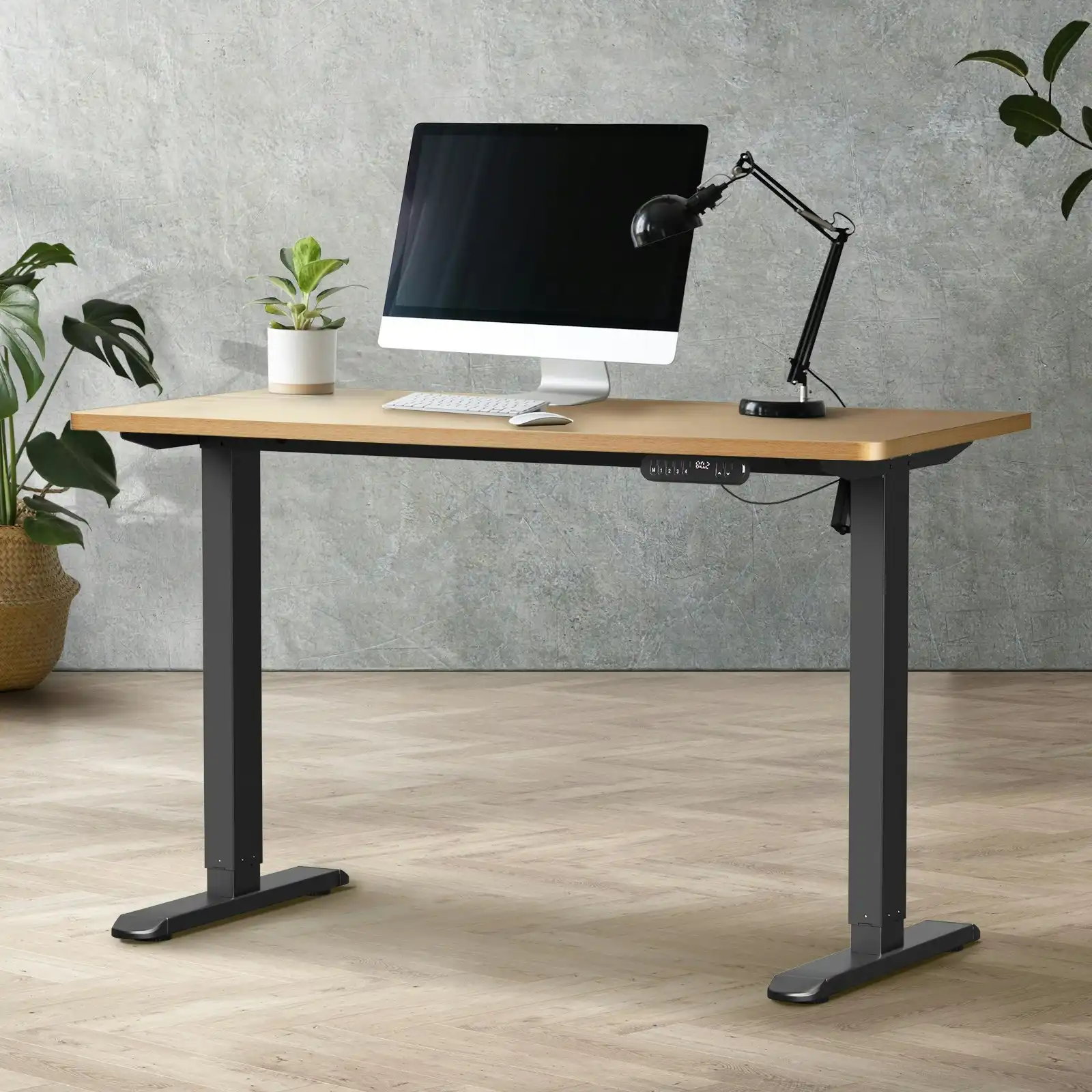 Oikiture Electric Standing Desk Single Motor Black Frame 140CM OAK Tabletop