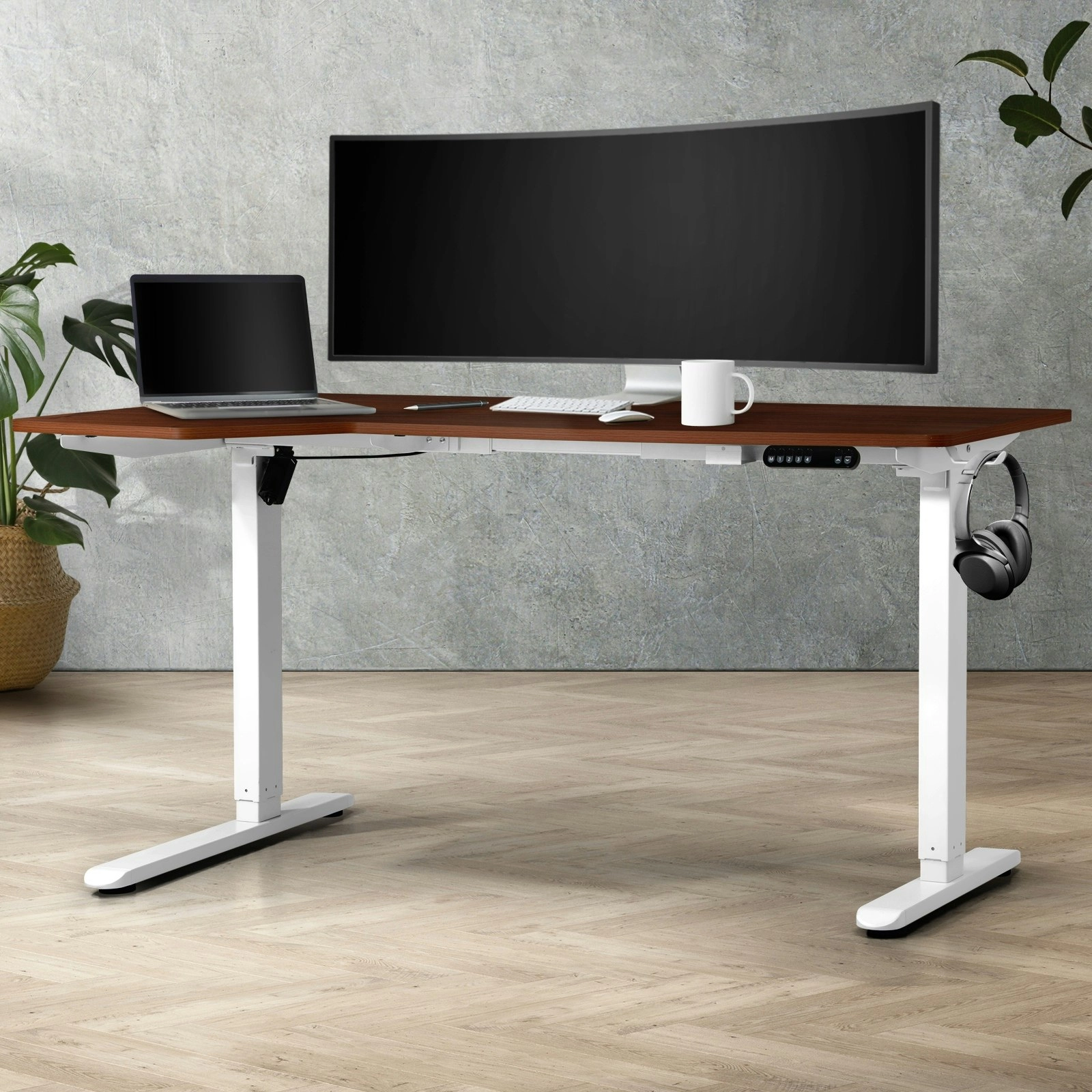 Oikiture L-shape Electric Standing Desk Single Motor White Frame 145CM Walnut Desktop