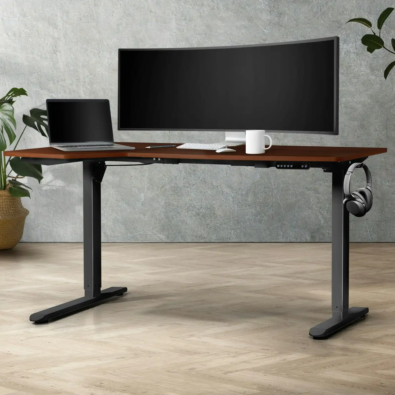 Oikiture L-shape Electric Standing Desk Single Motor Black Frame 145CM Walnut Desktop