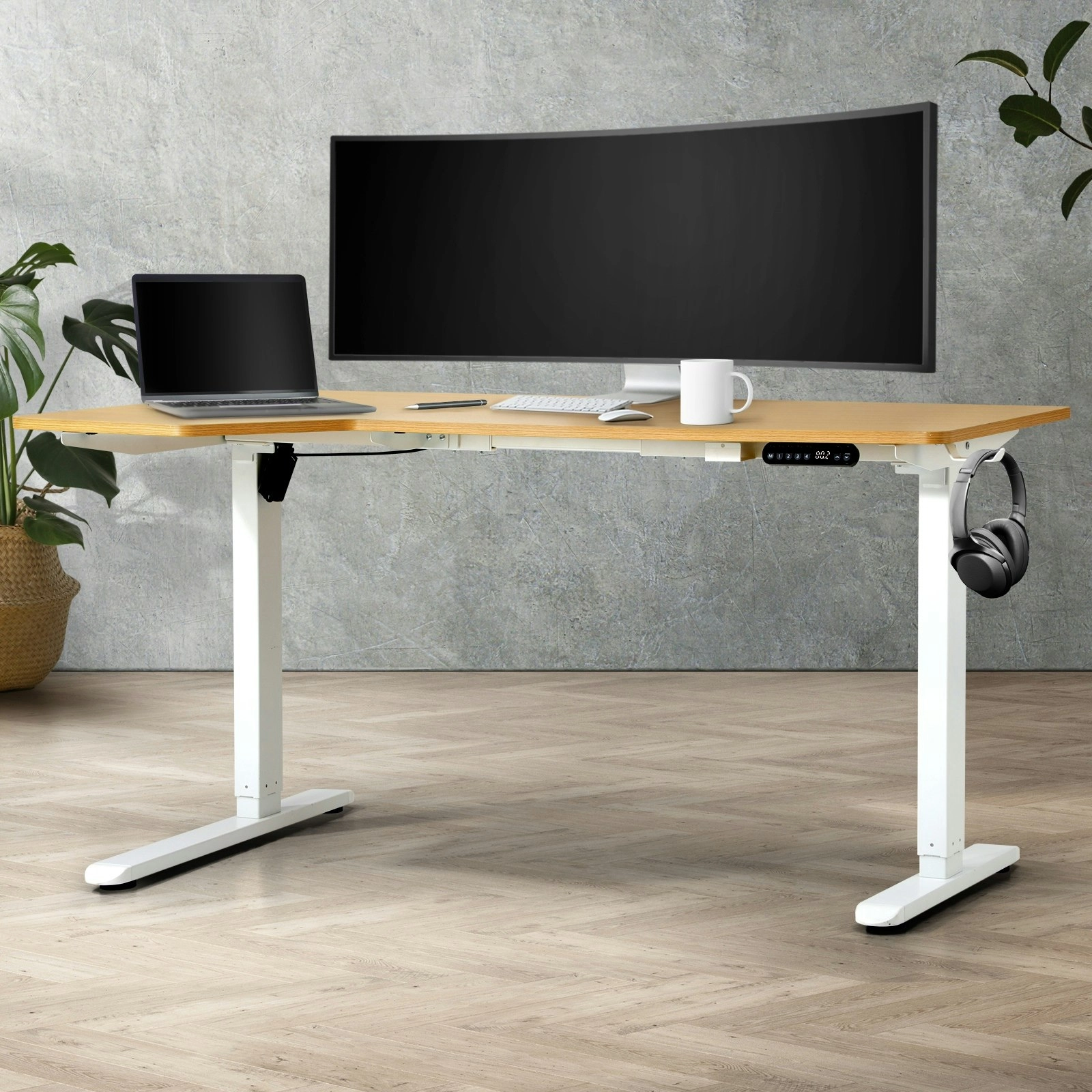 Oikiture L-shape Electric Standing Desk Single Motor White Frame 145CM OAK Desktop