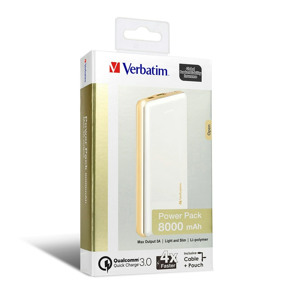 Verbatim QC 3.0 Universal 8000mAh Power Bank External Battery Pack White/Gold