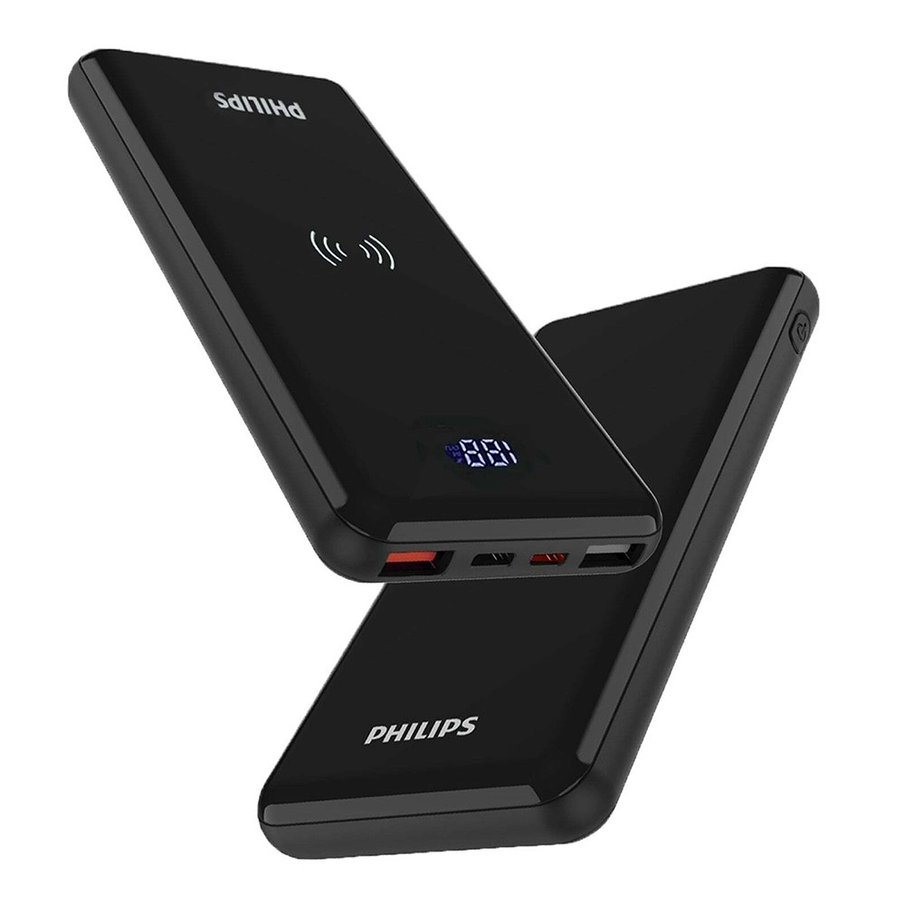 Philips 10000mAh PD/QC3 USB-A/USB-C Qi Wireless Charging Phone Power Bank Black