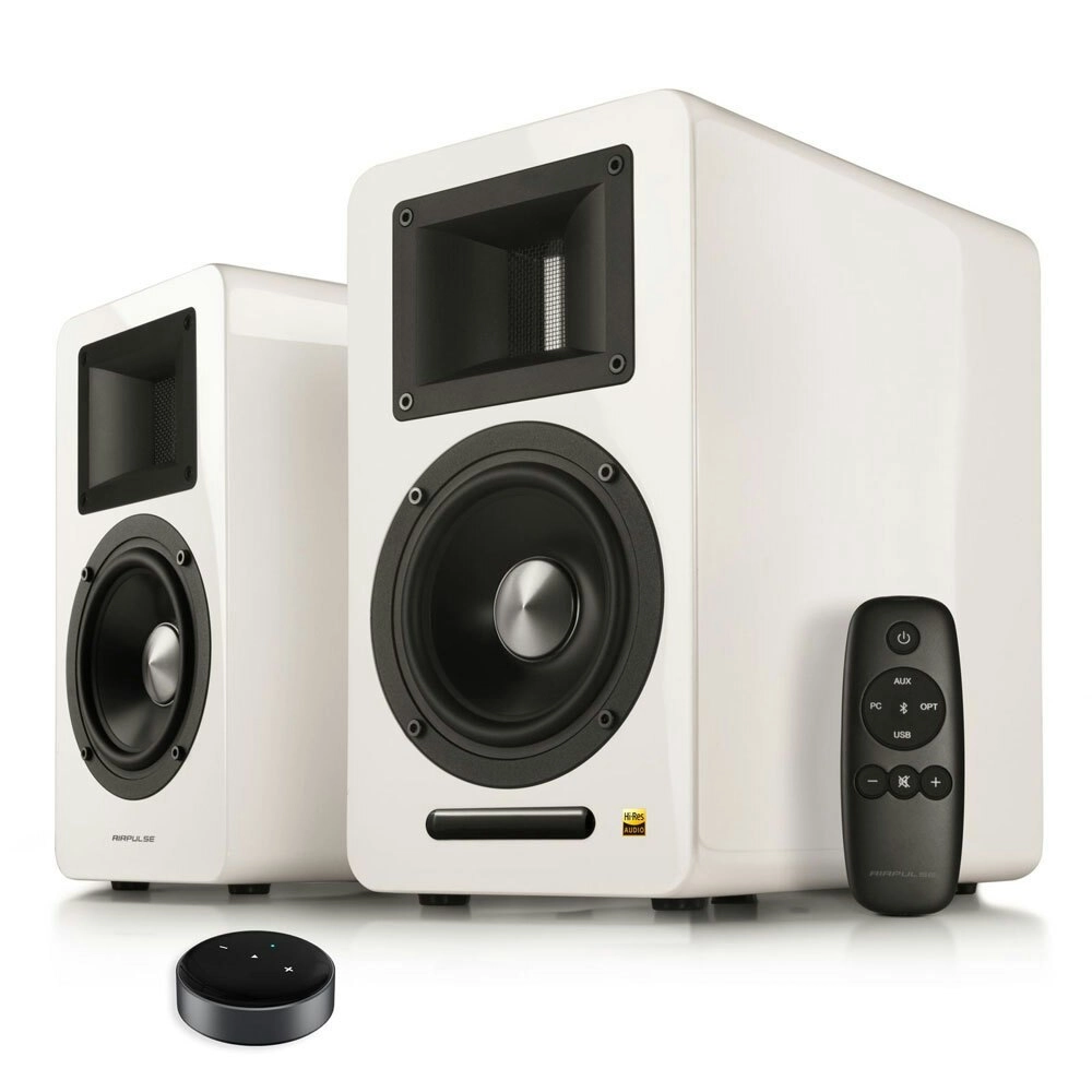 Airpulse A100 Active Wireless Bookshelf Speakers and WiiM Mini Streamer White