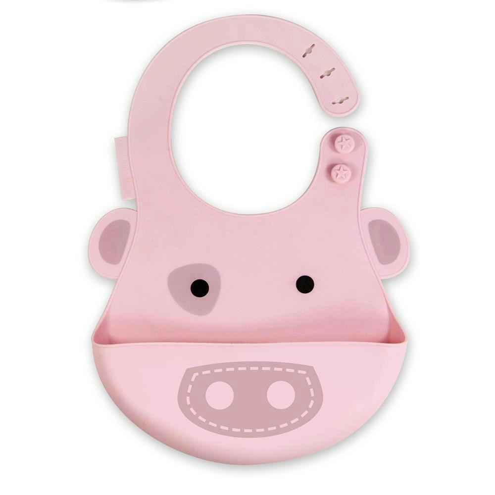 Marcus & Marcus Baby Feeding Bib Pokey Pig Silicone w/ Crumb Catcher 6m+ Pink