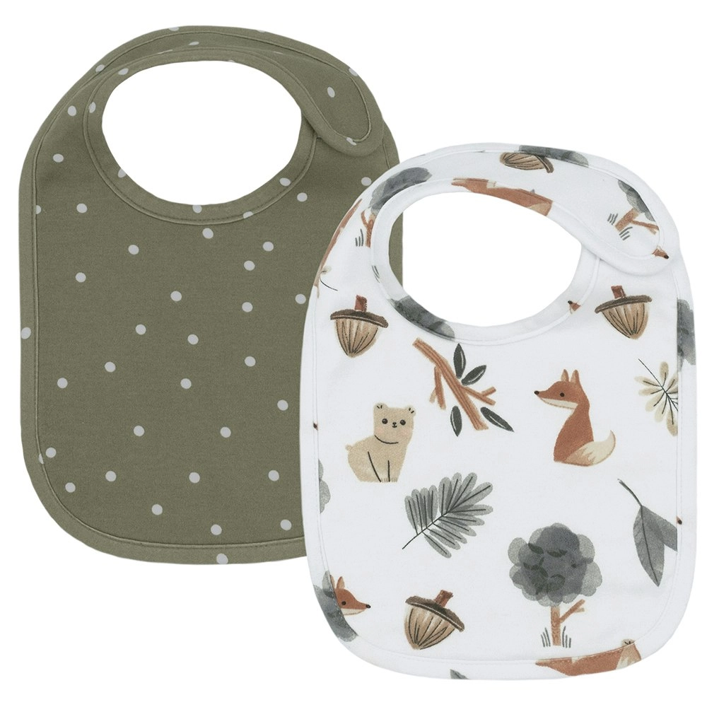 2pc Living Textiles Children's Cotton Feeding Bibs Forest Retreat/Olive Dots