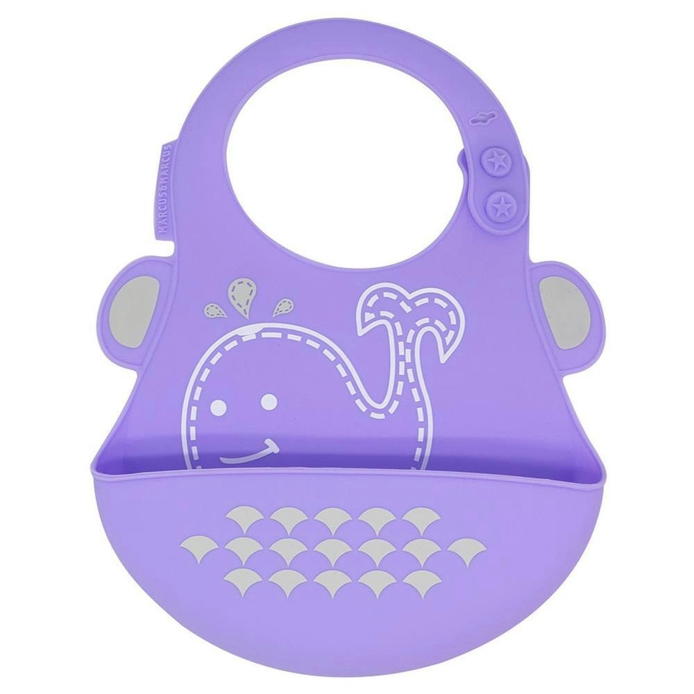 Marcus & Marcus Baby Bib Willo Whale Soft Silicone w/ Crumb Catcher 6m+ Lilac