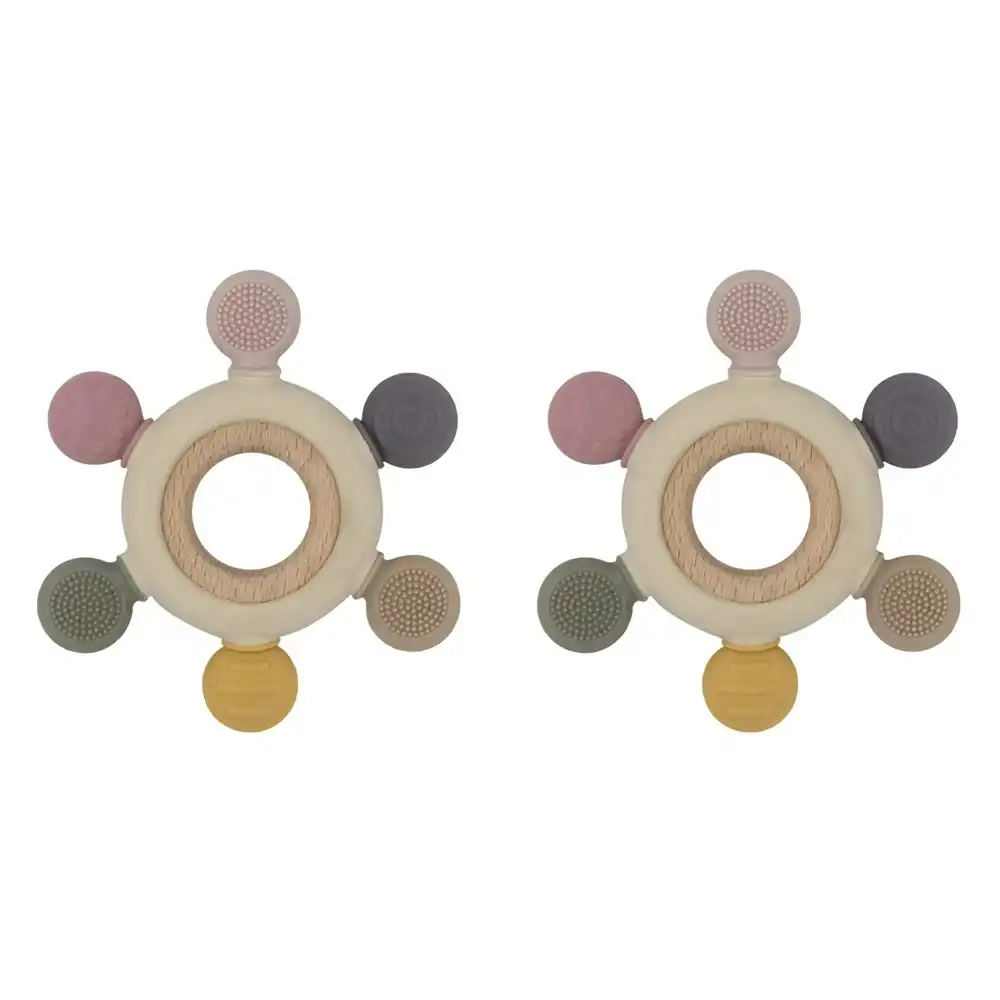 2x Playground Multi-Surface Baby 11cm Silicone/Beechwood Teething Wheel 3m+ Rose