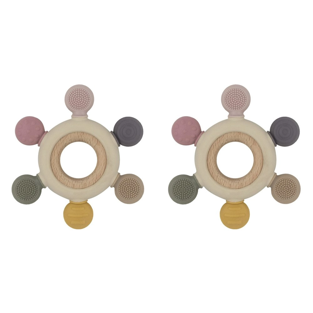 2x Playground Multi-Surface Baby 11cm Silicone/Beechwood Teething Wheel 3m+ Rose