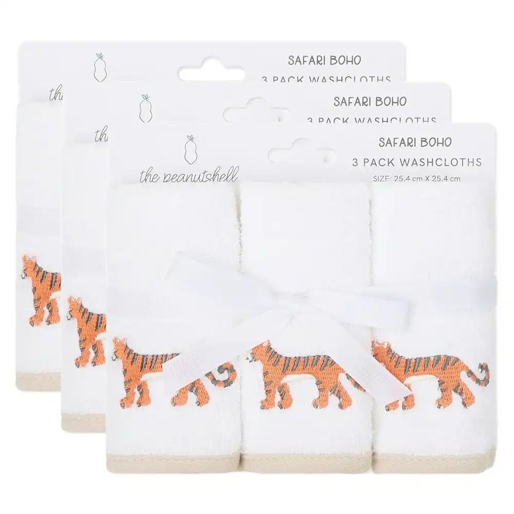 3x 3pc The Peanutshell Safari Boho Cotton Washcloth 25.4cm Bath Washer Towel WHT