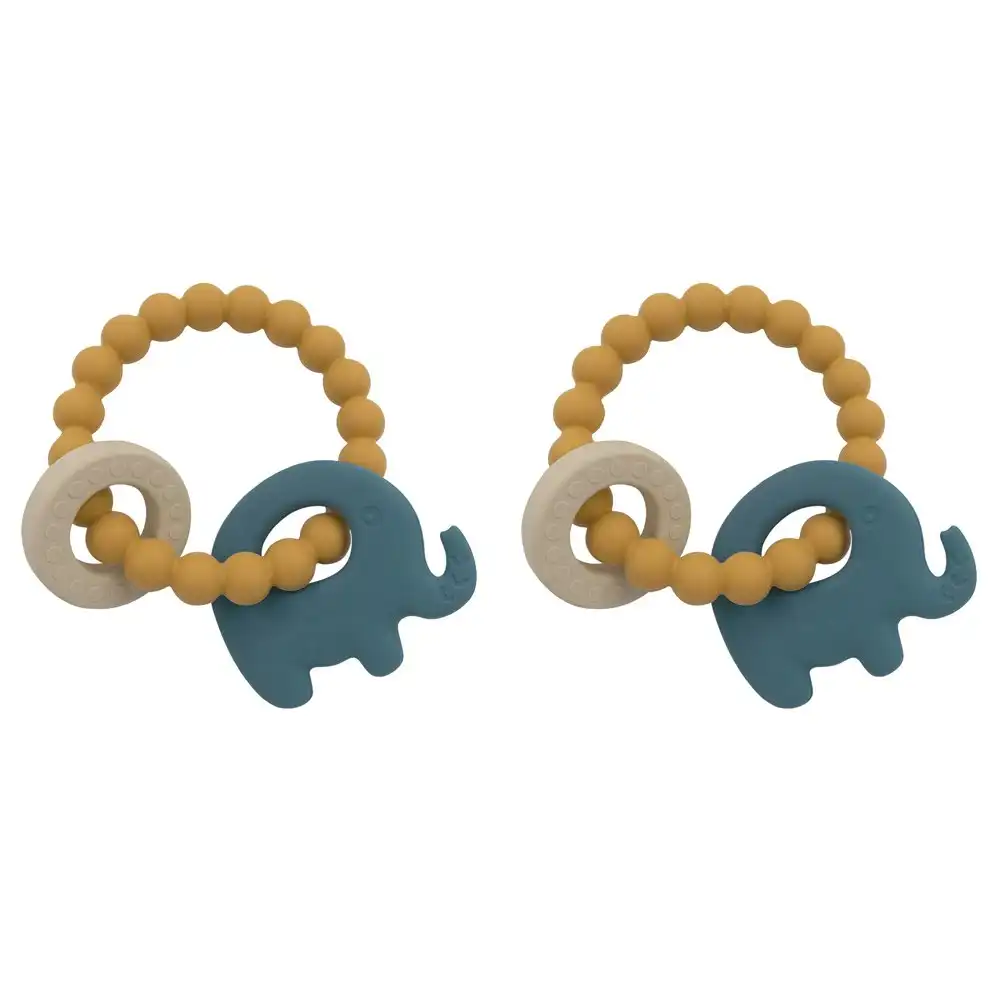 2x Playground Baby 11cm Silicone/Beechwood Elephant Teether/Teething 3m+ Blue