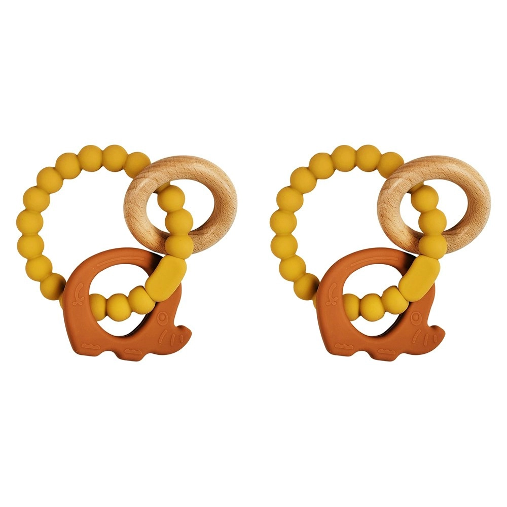 2x Urban Elephant 14cm Silicone Teether Ring Baby/Infant Toy Mustard & Natural