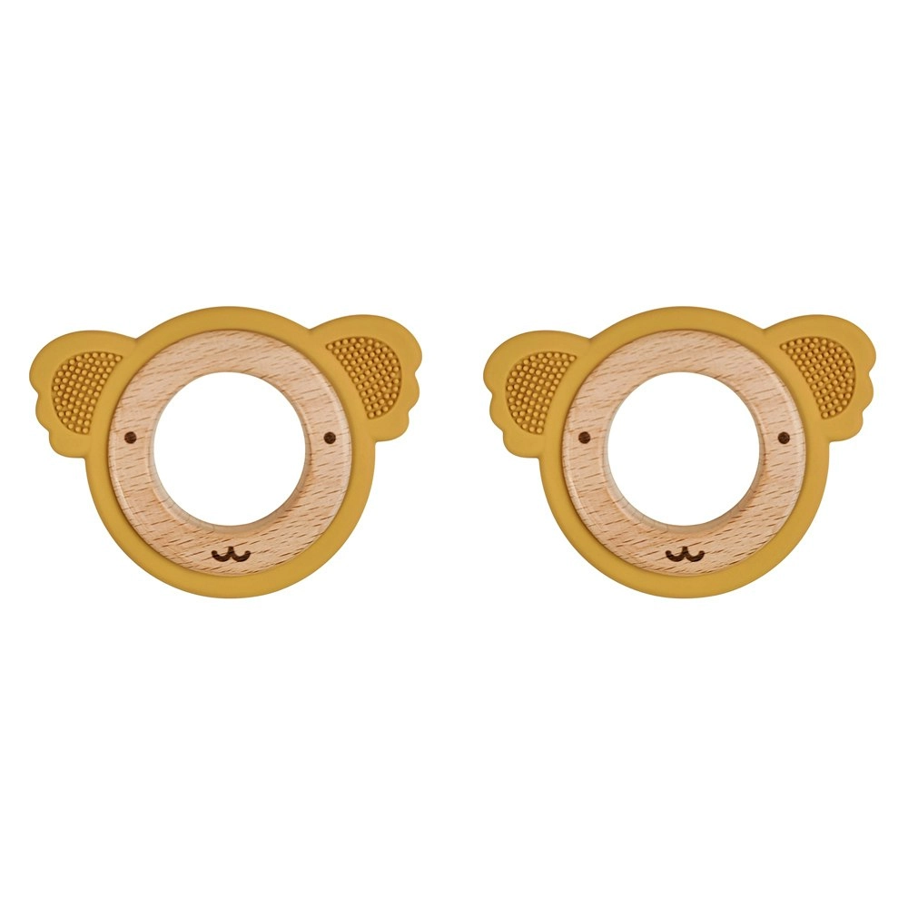 2x Urban Koala 8.5cm Silicone/Wood Teether Ring Baby Feeding Mustard/Natural