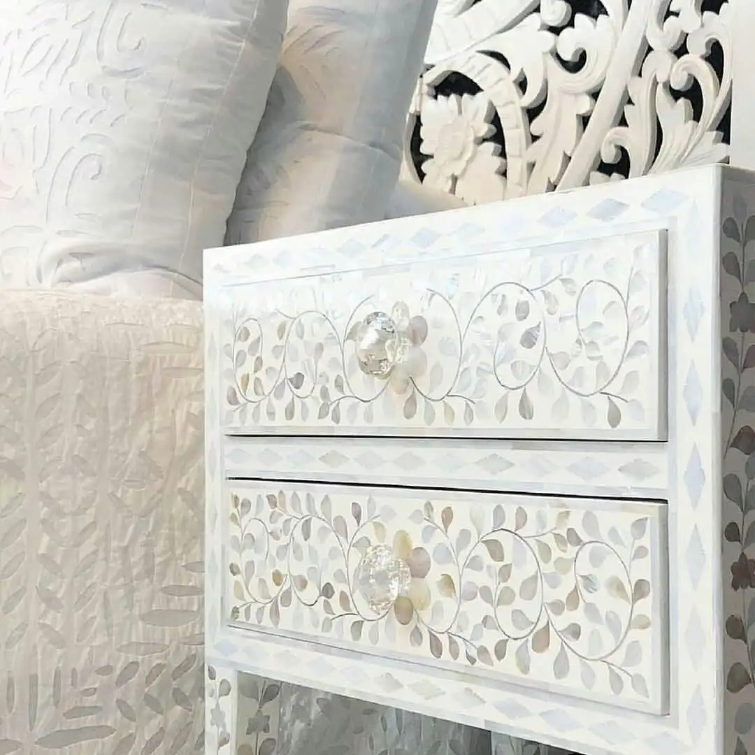 Zohi Interiors Mother of Pearl Inlay Bedside Table with 2 Drawers in White