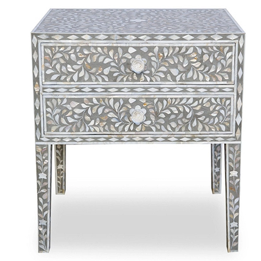 Zohi_Interiors Mother of Pearl Inlay Bedside Table with 2 Drawers in Grey