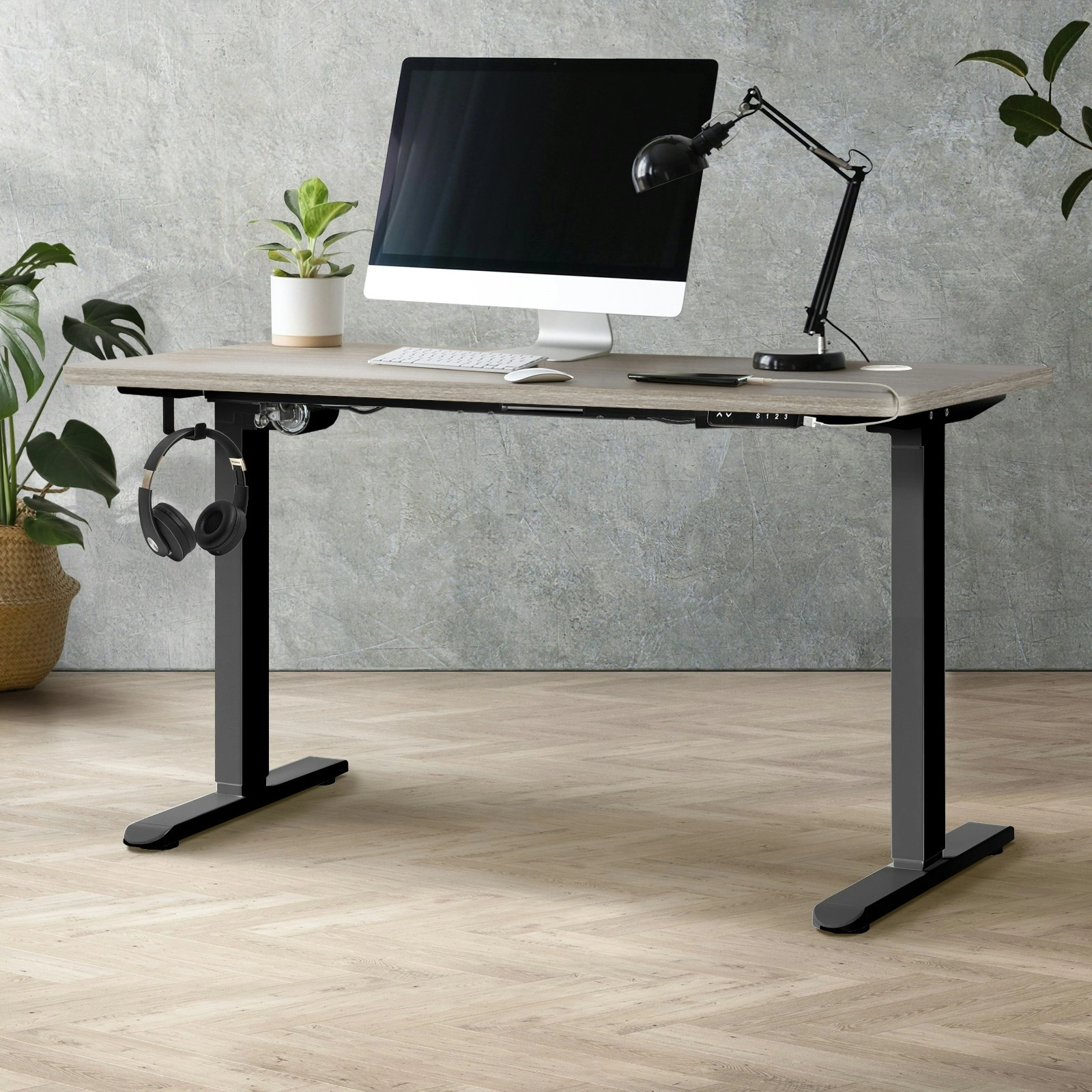 Oikiture 140cm Electric Standing Desk Single Motor Grey-Oak Desktop Black Frame