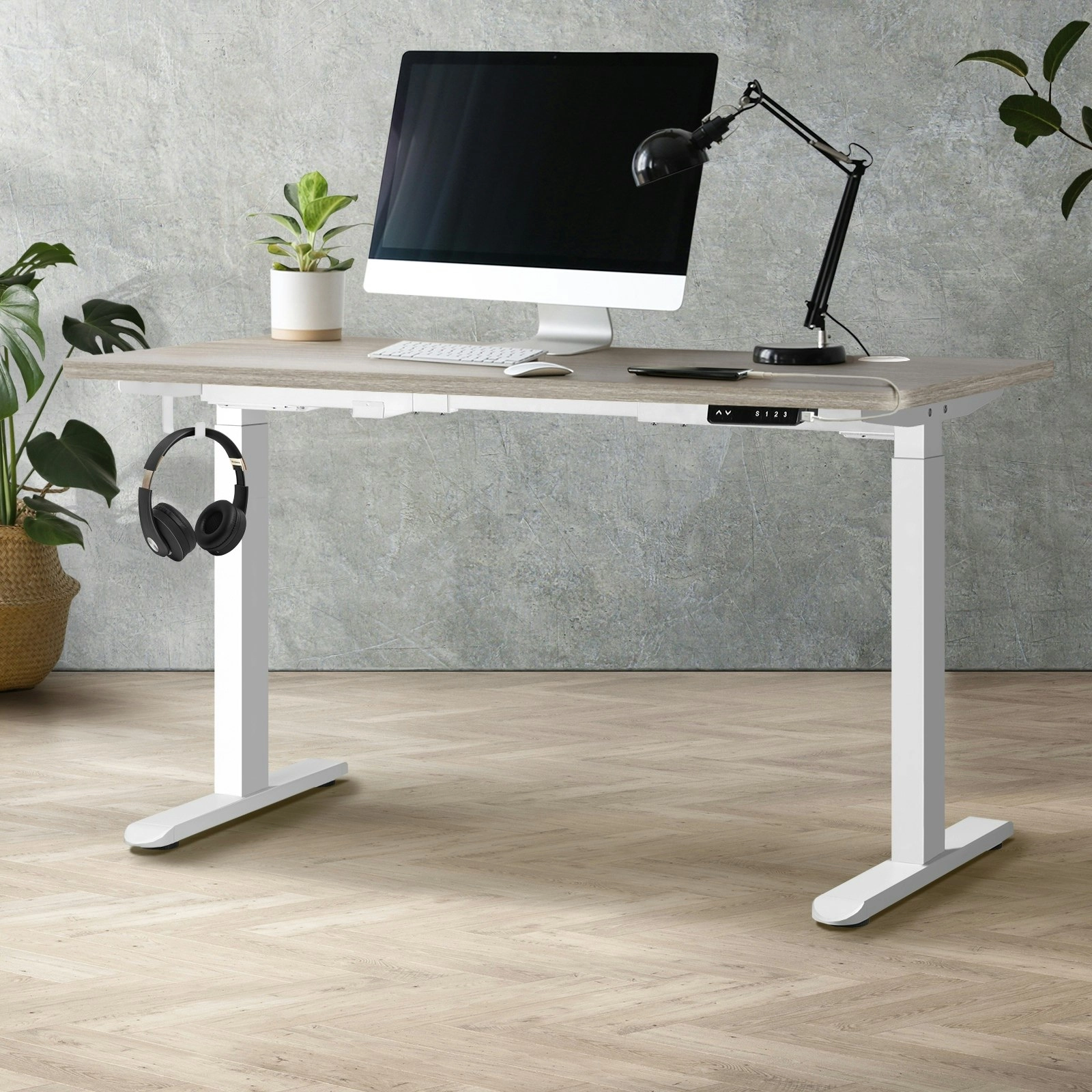 Oikiture 140cm Electric Standing Desk Dual Motor Grey-Oak Desktop White Frame