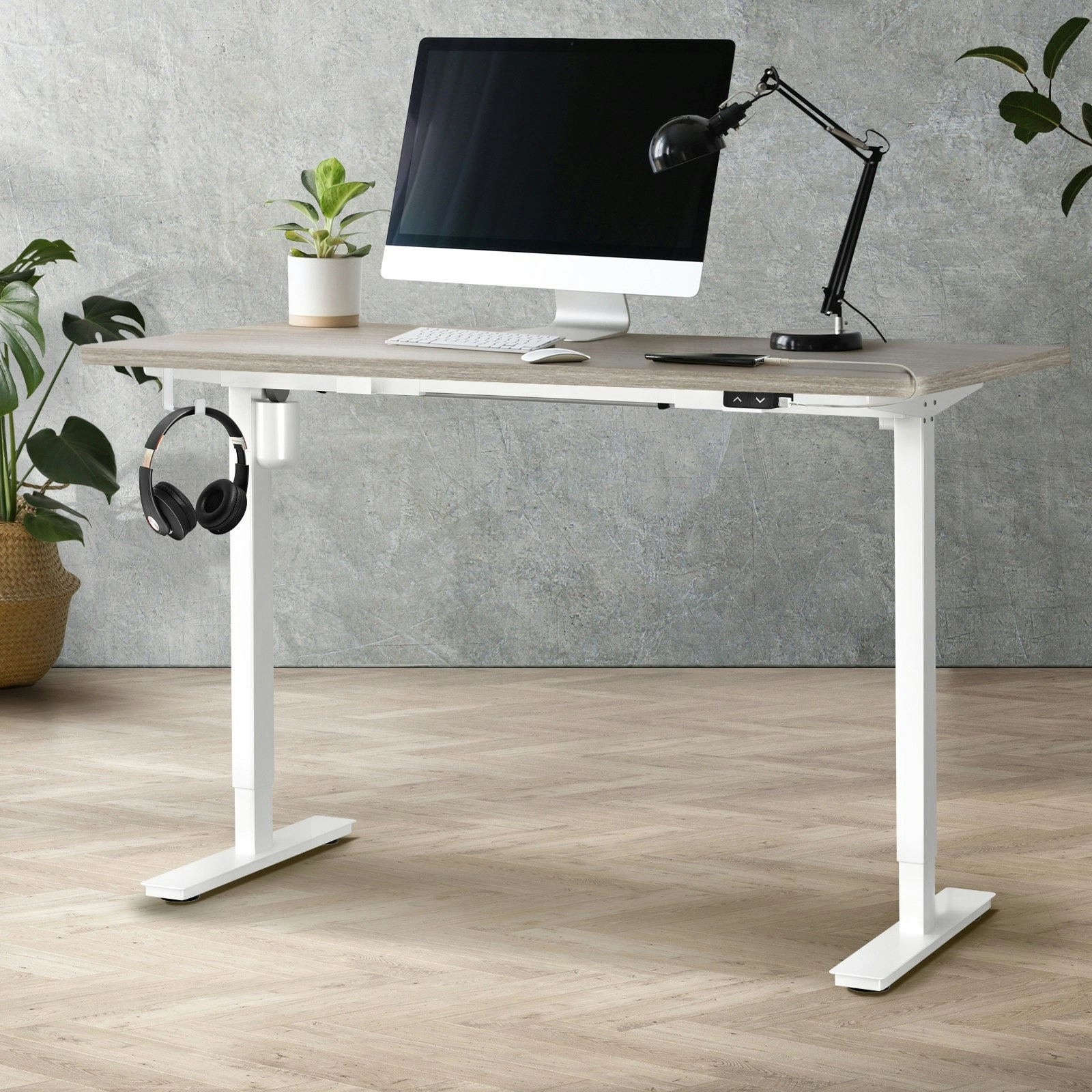 Oikiture 140CM Electric Standing Desk Single Motor Height Adjustable Sit Stand Table Top Grey-Oak White Frame