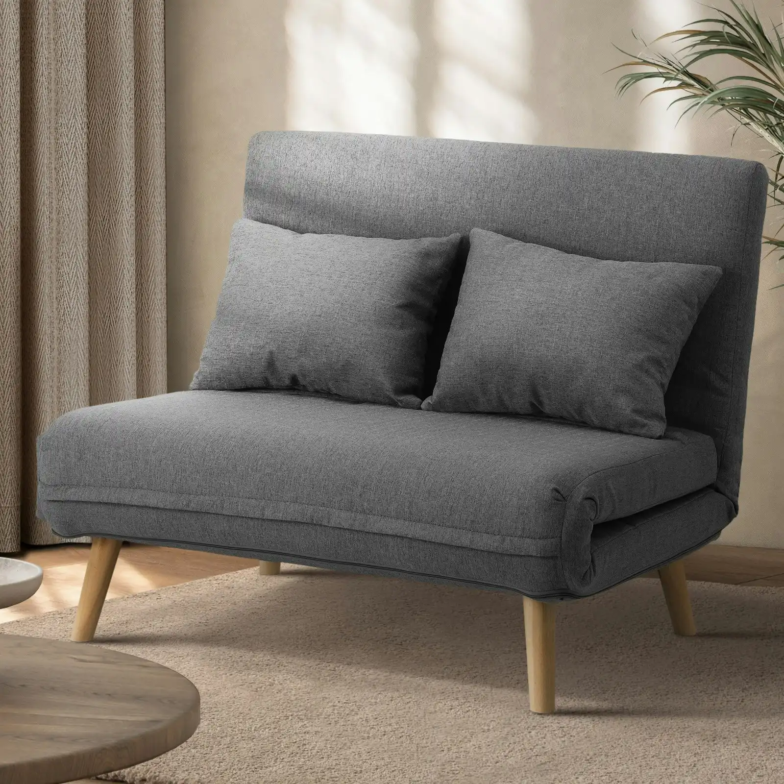 Oikiture Sofa Bed Lounge Chair Linen Fabric Recliner Wood Leg Double Seat Grey