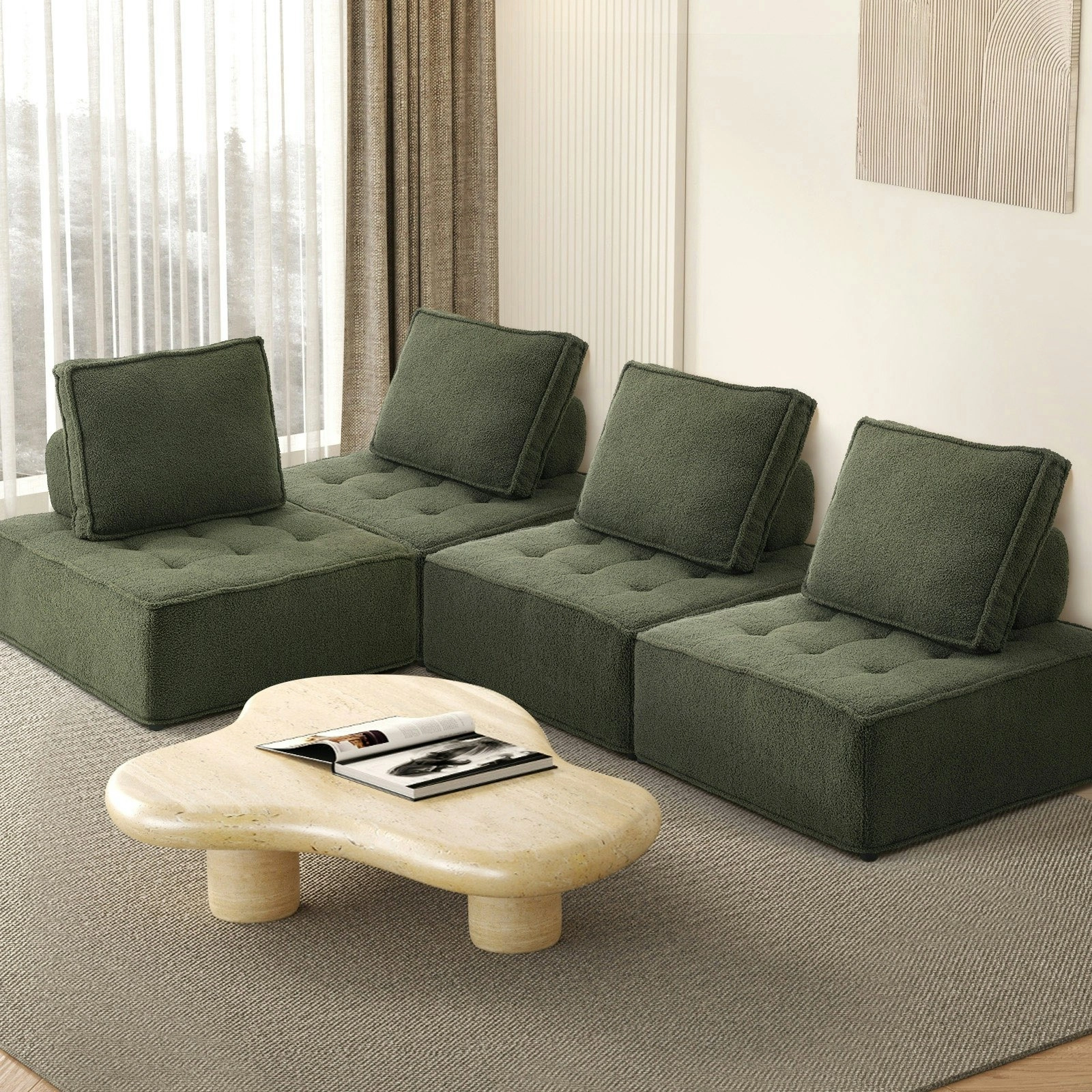 Oikiture 4PCS Modular Sofa Lounge Chair Armless TOFU Back Sherpa Green