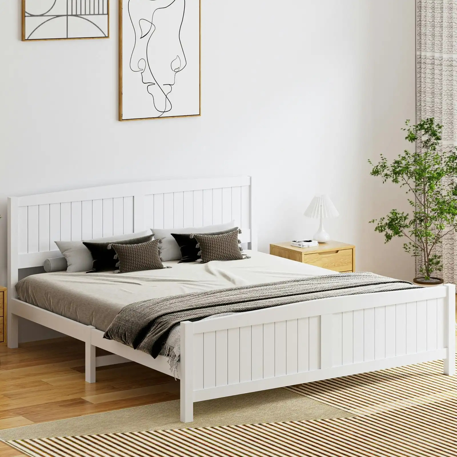 Oikiture Bed Frame King Size Wooden Base Timber Platform White