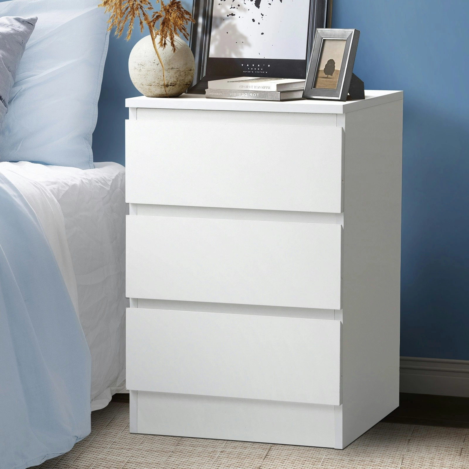 Oikiture Bedside Table 3 Drawers Side Tables Storage Cabinet Nightstand White