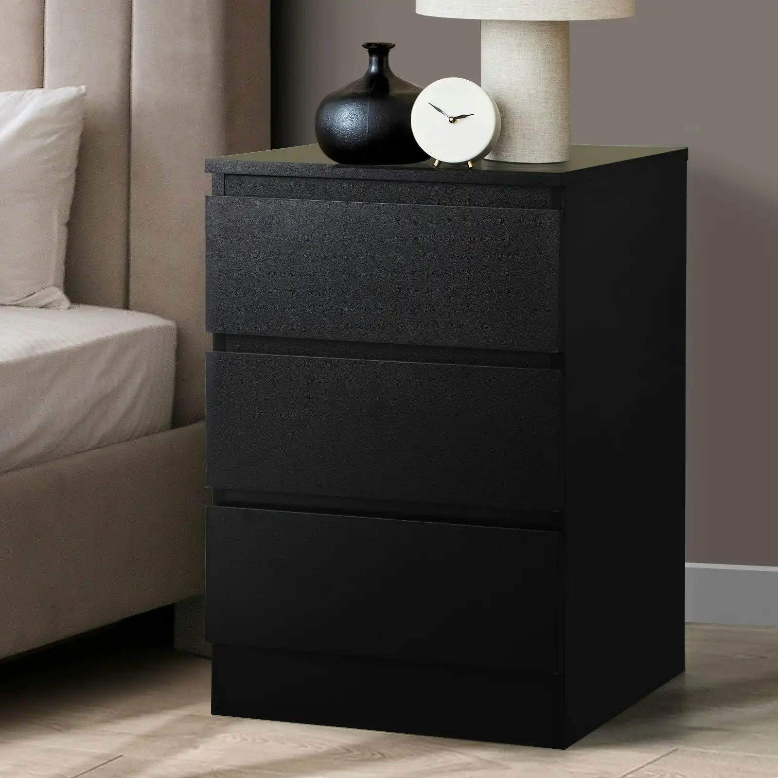 Oikiture Bedside Table 3 Drawers Side Tables Storage Cabinet Nightstand Black