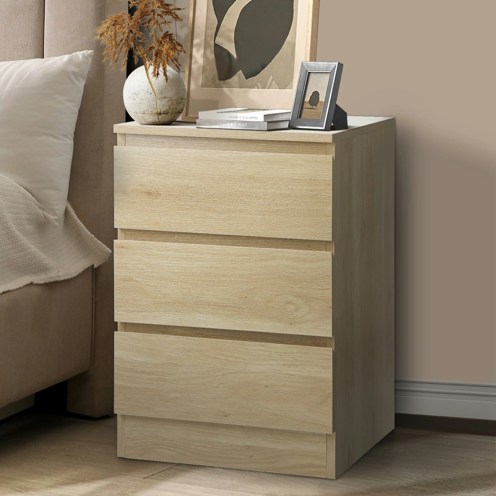 Oikiture Bedside Table 3 Drawers Side Tables Storage Cabinet Nightstand Natural