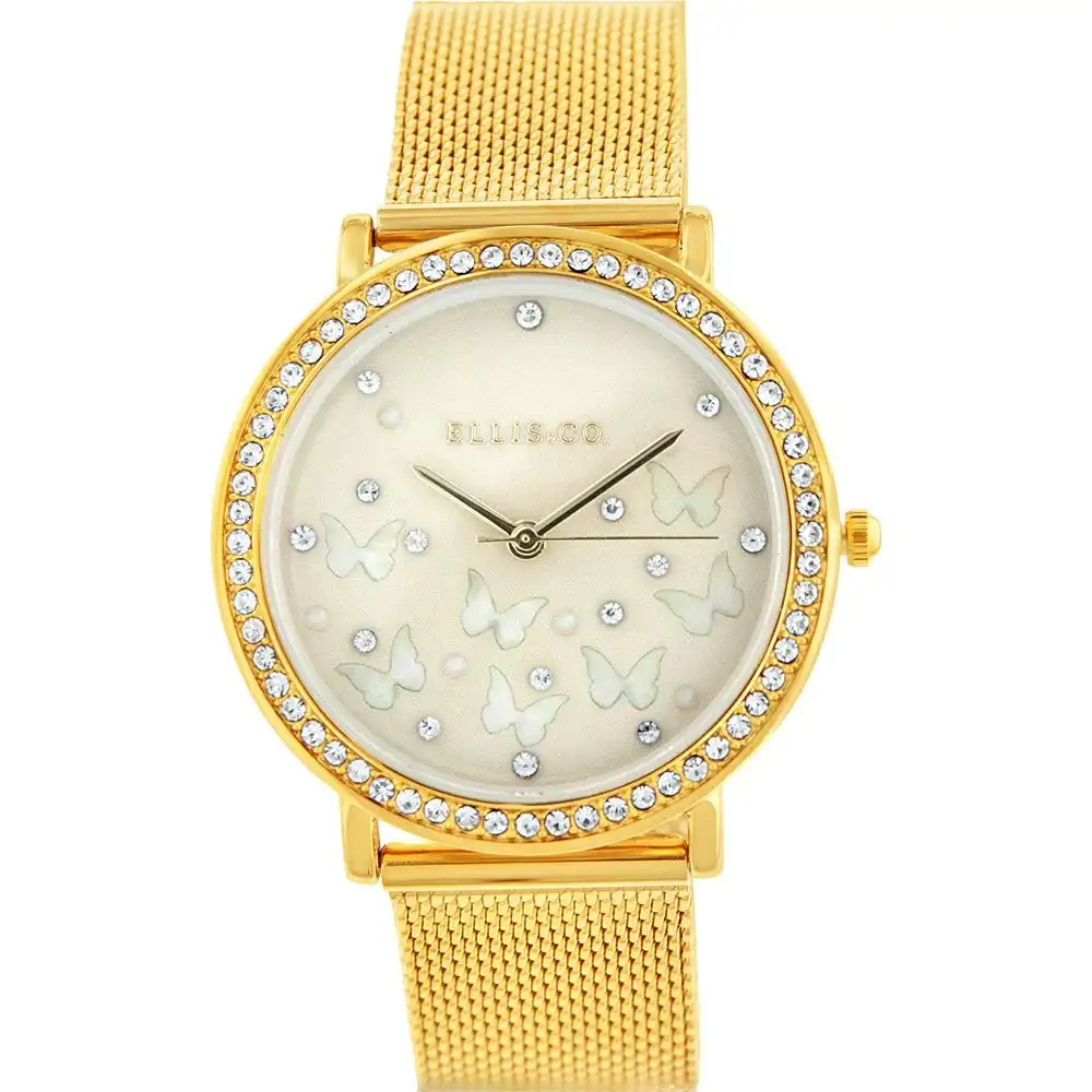 Ellis & Co 'Sena' Butterfly Dial Stainless Steel Gold Mesh Bracelet