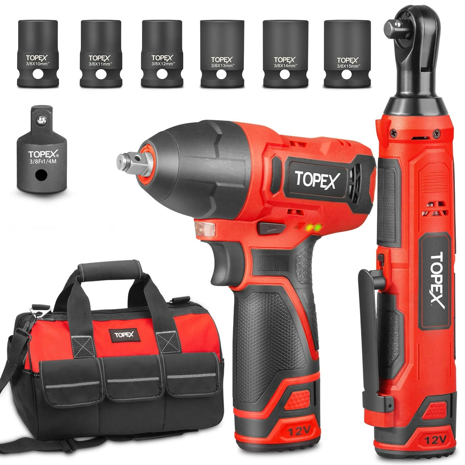 Topex 12V Power Tool Twin Kit Cordless Wrenches Impact Wrench Electric Ratchet Wrench w/ Tool Bag