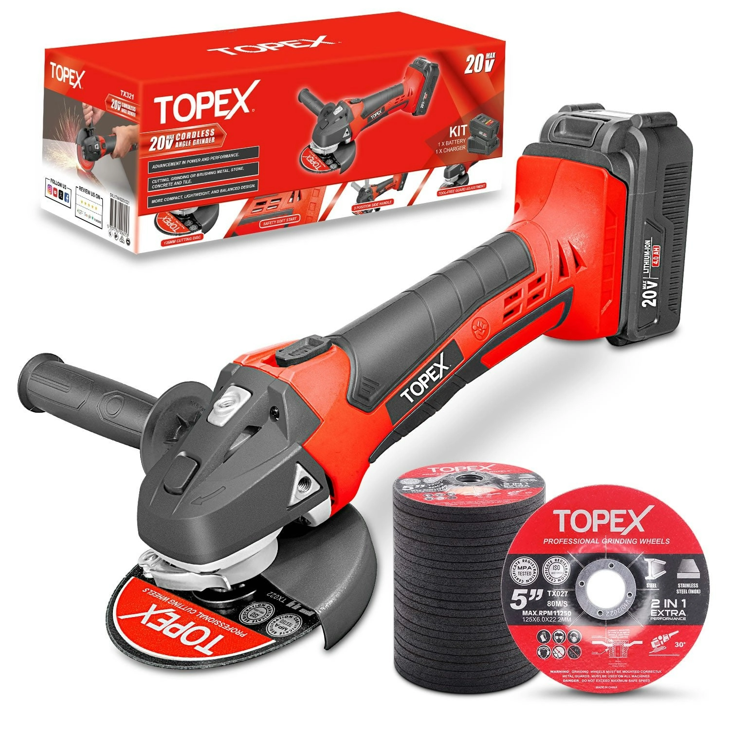 Topex 20V Cordless Angle Grinder 125mm Li-ion Grinding Cutting Power Tool w/ 25PCS Grinding Discs