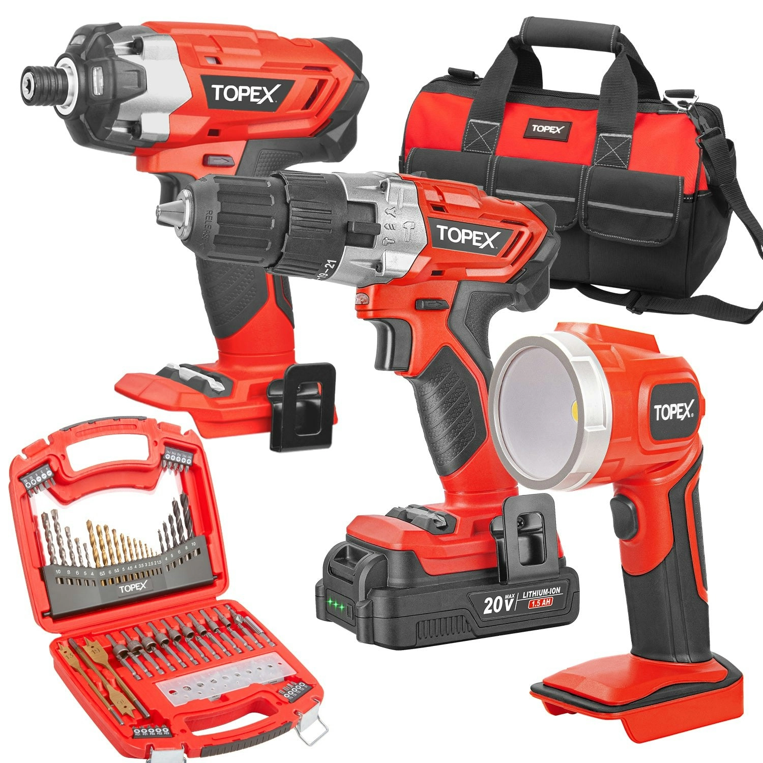 Topex 20V Cordless Hammer Drill Impact Driver Power Tool Combo Kit w/ Drill Bits & Tool Bag