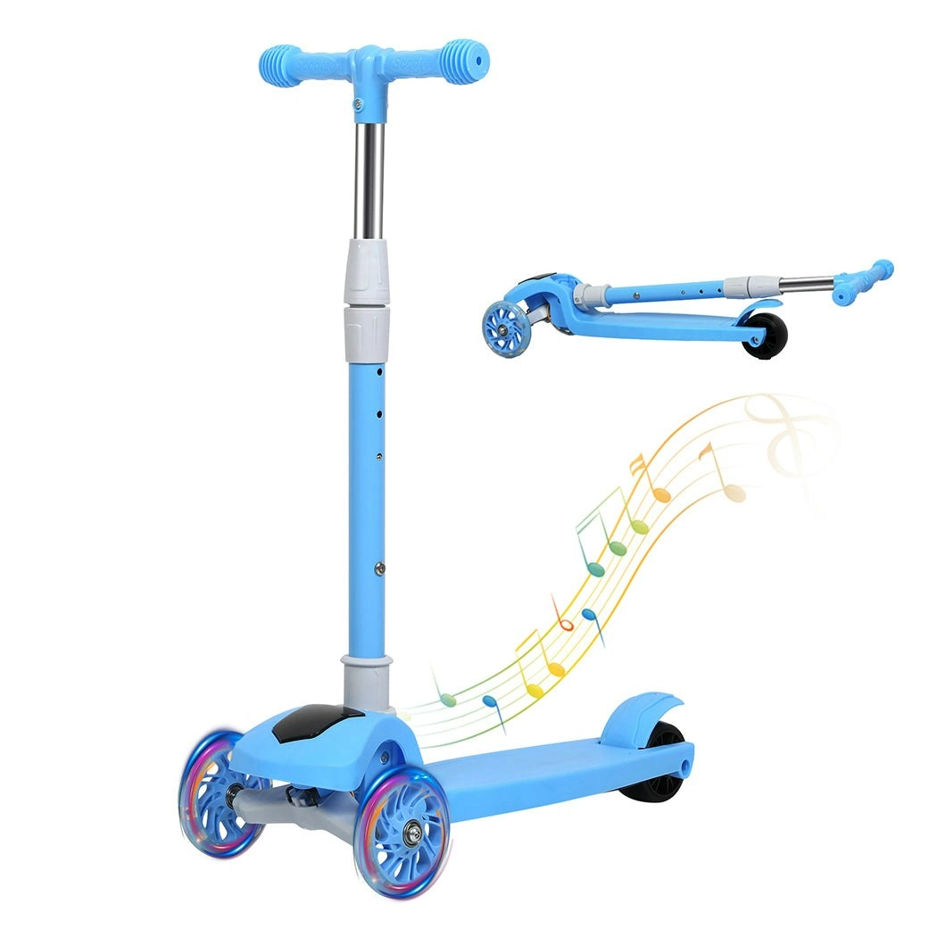 BoPeep Foldable Kids Scooter Adjustable Height Flashing LED Music 3 Wheels Blue