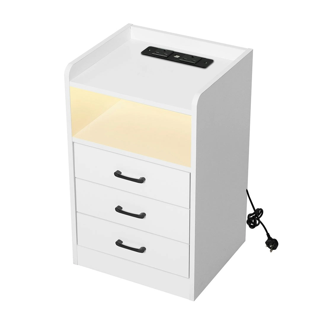 Levede Bedside Table Nightstand USB Charger Outlet RGB LED 3 Drawers White