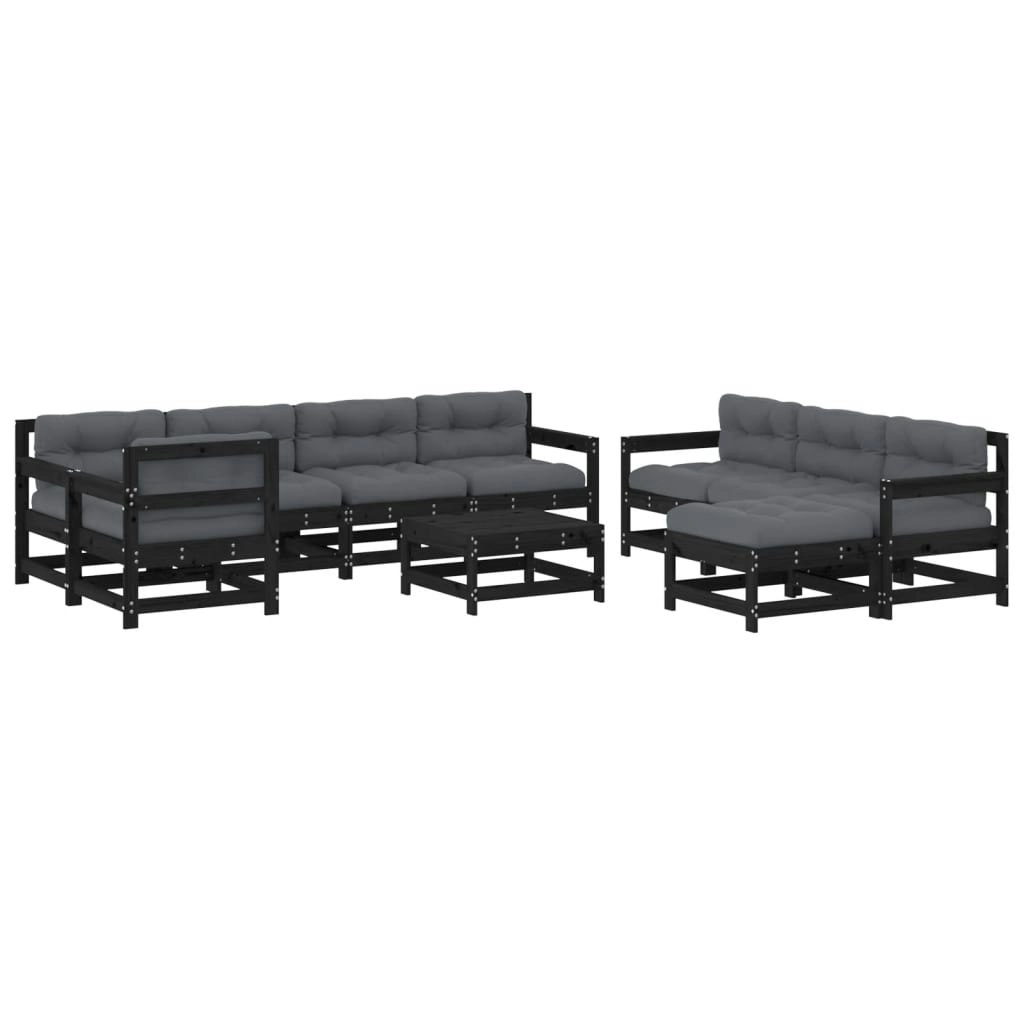 10 Piece Garden Lounge Set with Cushions Black Solid Wood 3186092