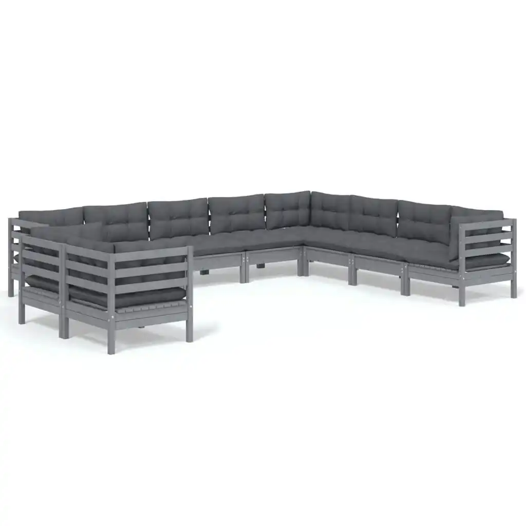 10 Piece Garden Lounge Set with Cushions Grey Solid Pinewood 3096913