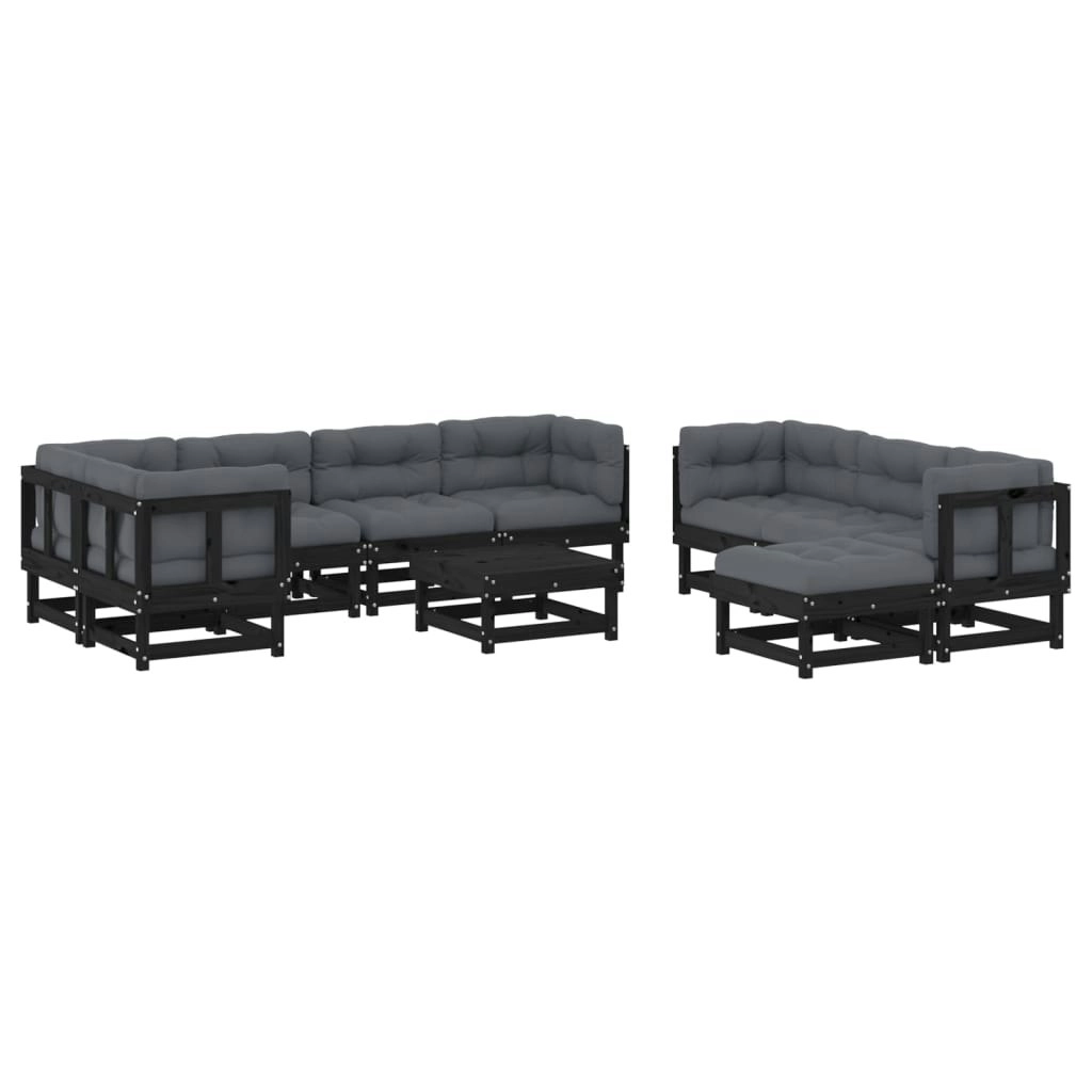 10 Piece Garden Lounge Set with Cushions Black Solid Wood 3186078