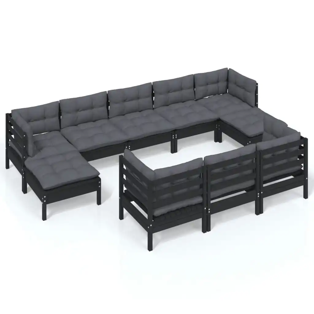 10 Piece Garden Lounge Set with Cushions Black Solid Pinewood 3097143