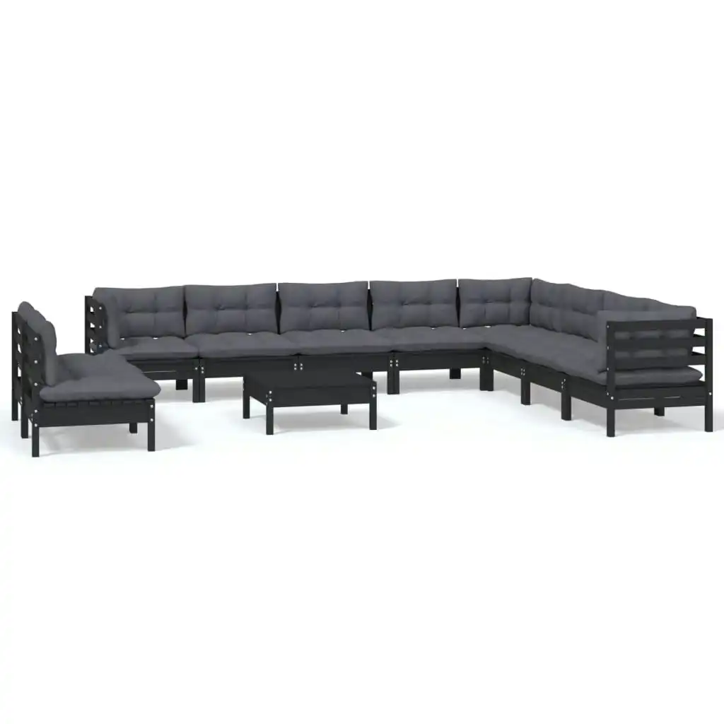 11 Piece Garden Lounge Set with Cushions Black Solid Pinewood 3096849