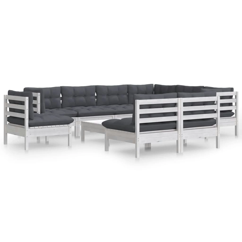 10 Piece Garden Lounge Set with Cushions White Solid Pinewood 3096750