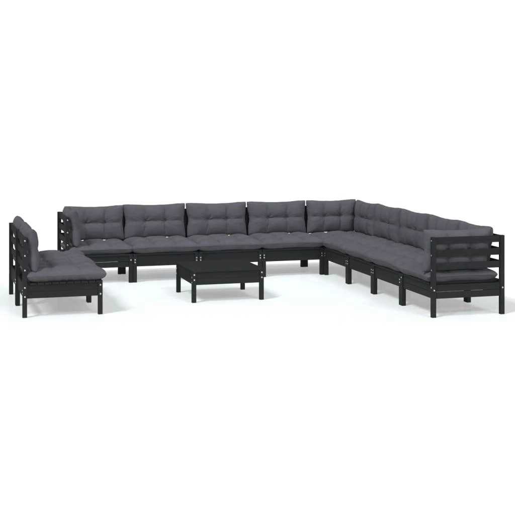 12 Piece Garden Lounge Set with Cushions Black Solid Pinewood 3096861